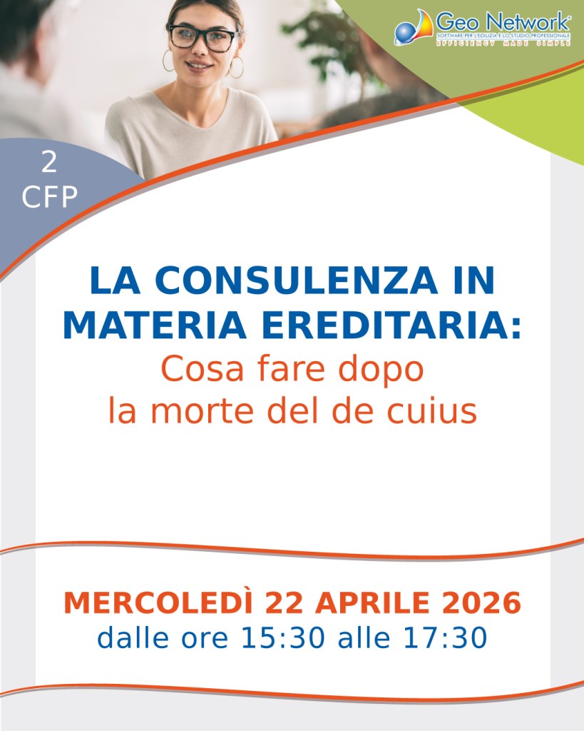 Volantino per un evento sulla consulenza in materia ereditaria, con informazioni sulla data e l'orario.