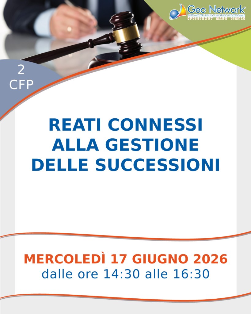 Locandina di un evento su reati connessi alla gestione delle successioni, programmato per mercoledì 17 giugno 2026.